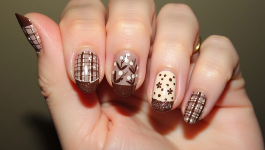 Brown Checkered Flower Nails