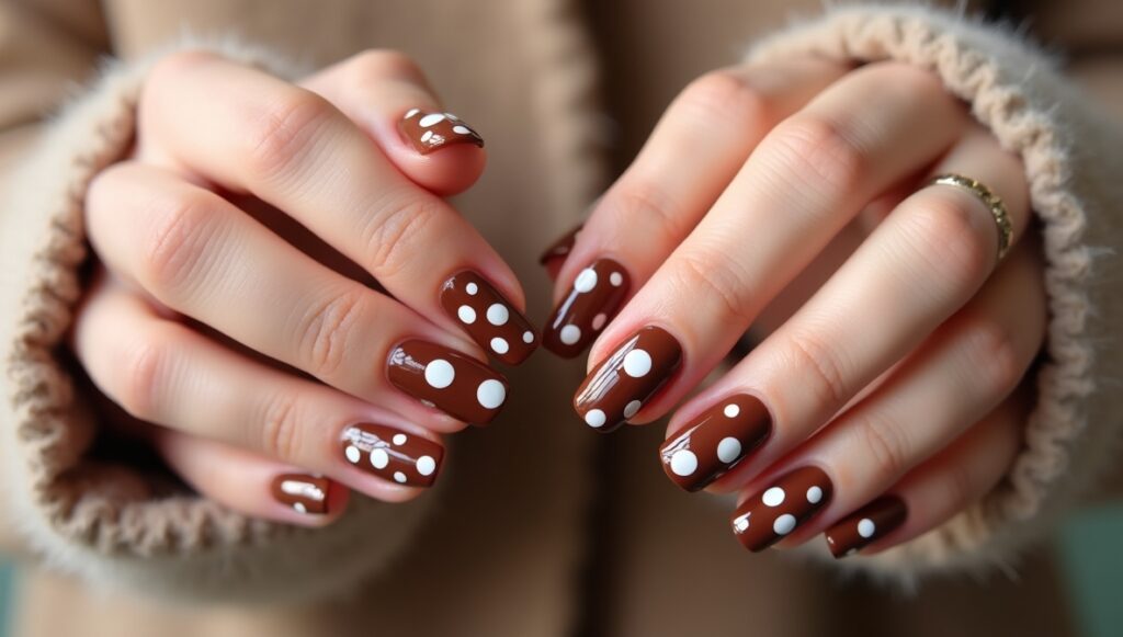 Brown Nails With Polka Dots