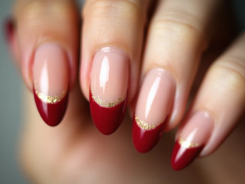 Red French Tips With Gold Glitter