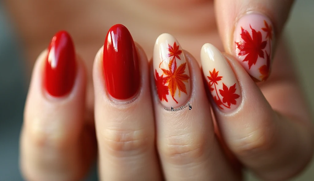 Red Nails With Maple Leaves
