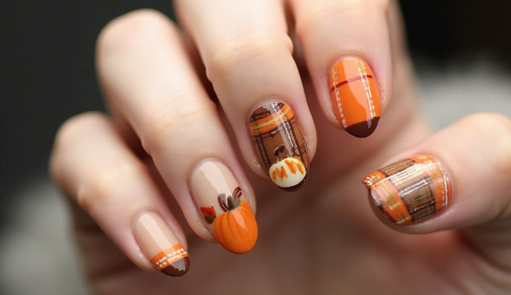 Skittle French Tips With Pumpkin Accent