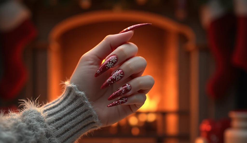 Burgundy Snowflake Nails