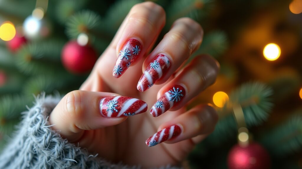 Candy Cane Snowflake Nails